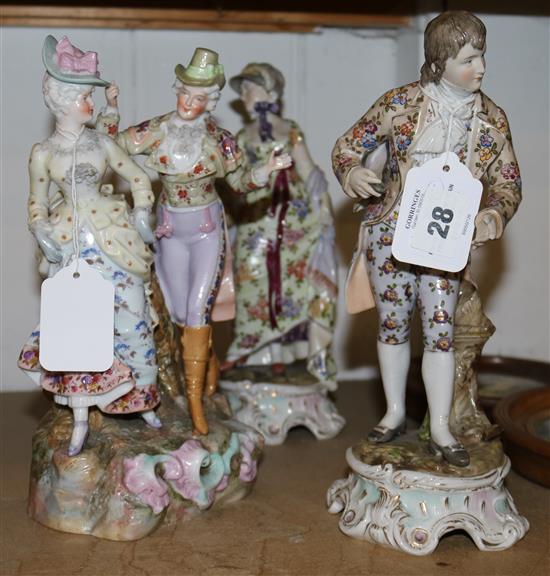 Pair of German porcelain figures - maiden and gallant and a group of elegant figures (3)